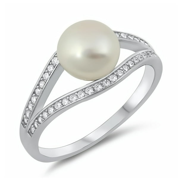 Glitzs Jewels 925 Sterling Silver CZ Cubic Zirconia Simulated Pearl Ring for Women Clear CZ Glitzs Jewels 925 Sterling Silver CZ Cubic Zirconia Simulated Pearl Ring for Women Clear CZ